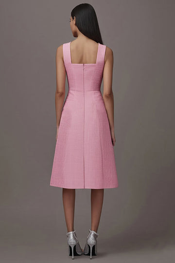 Pink A Line Square Neck Midi Work Dress with Pockets